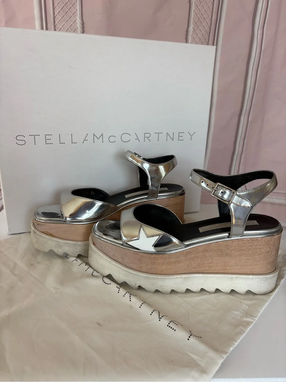 Stella McCartney Metallic Silver Star Platform Wedge Sandals